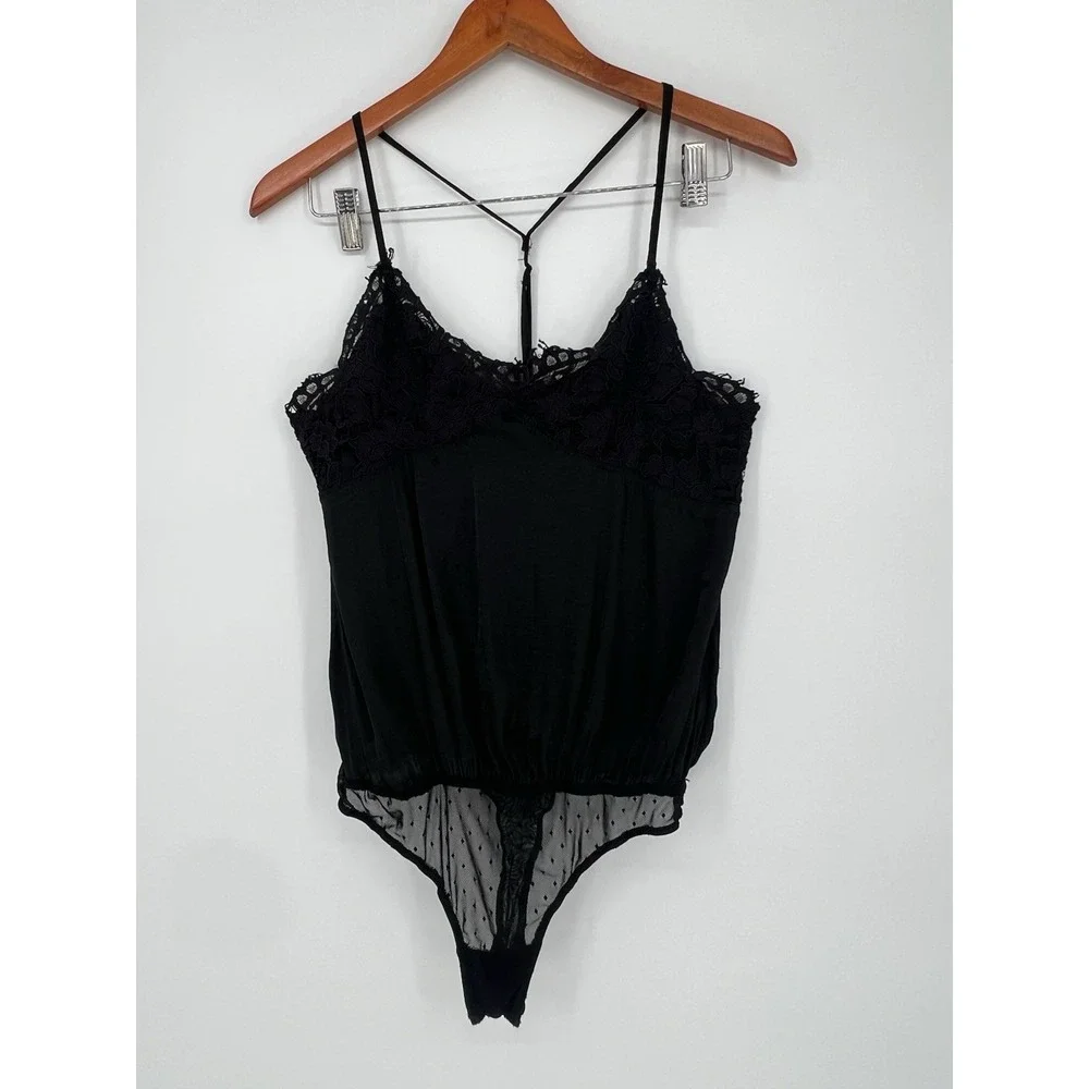 Free People Intimately sz SP Black‎ Lace Trim Dot Mesh Teddy Bodysuit